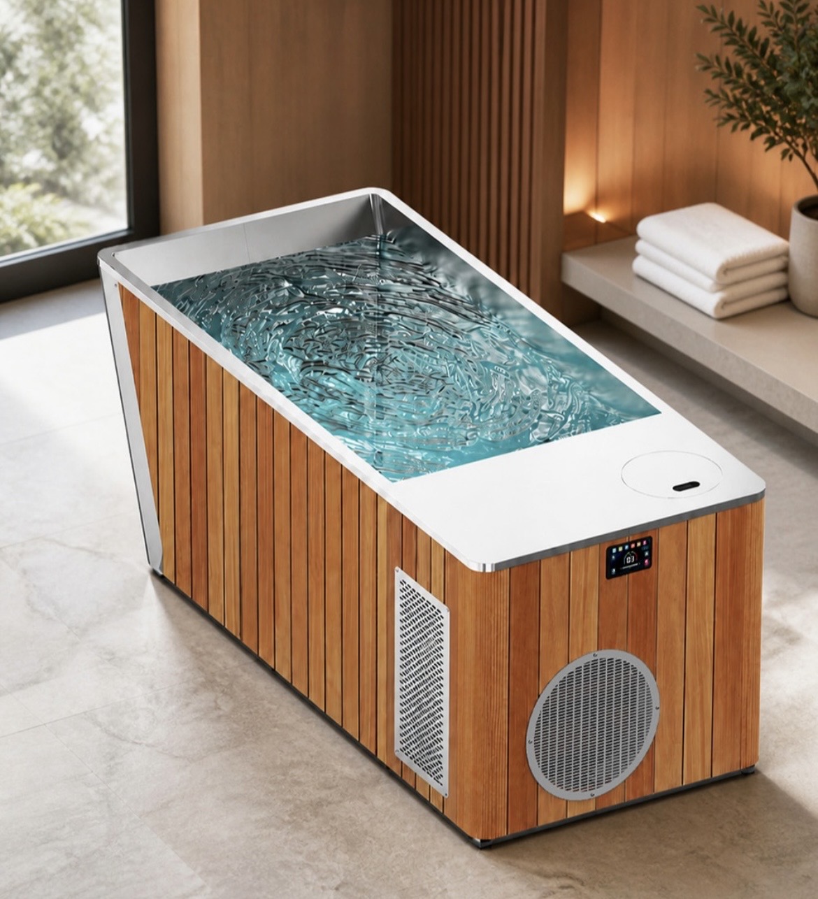 KOVA Stay commercial cold plunge recovery system with timber cladding and stainless steel basin