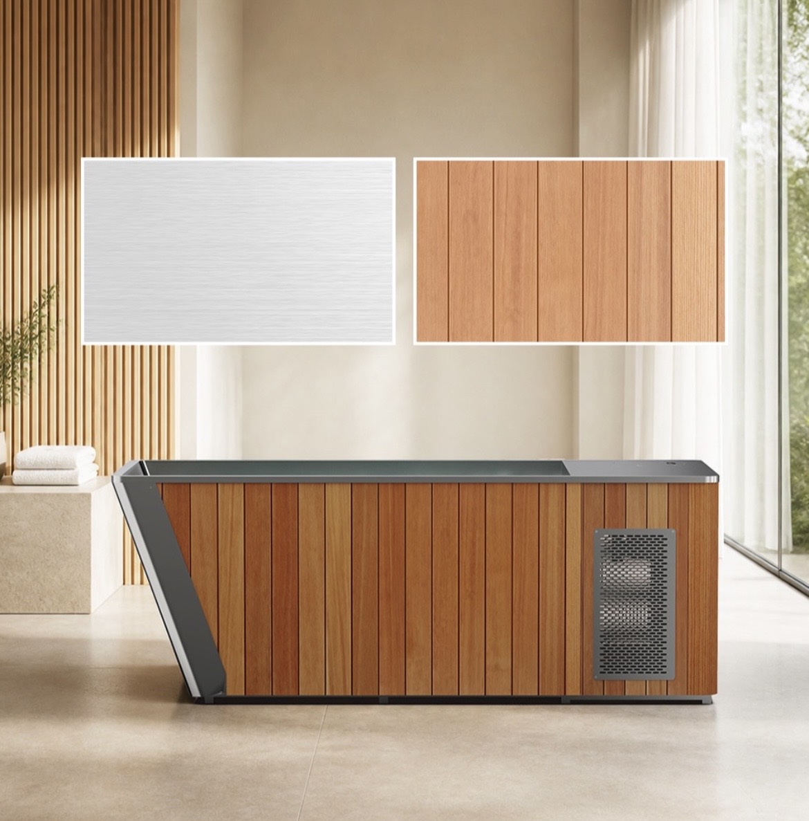 Side profile of the KOVA Stay cold plunge showing timber cladding and stainless steel finish options