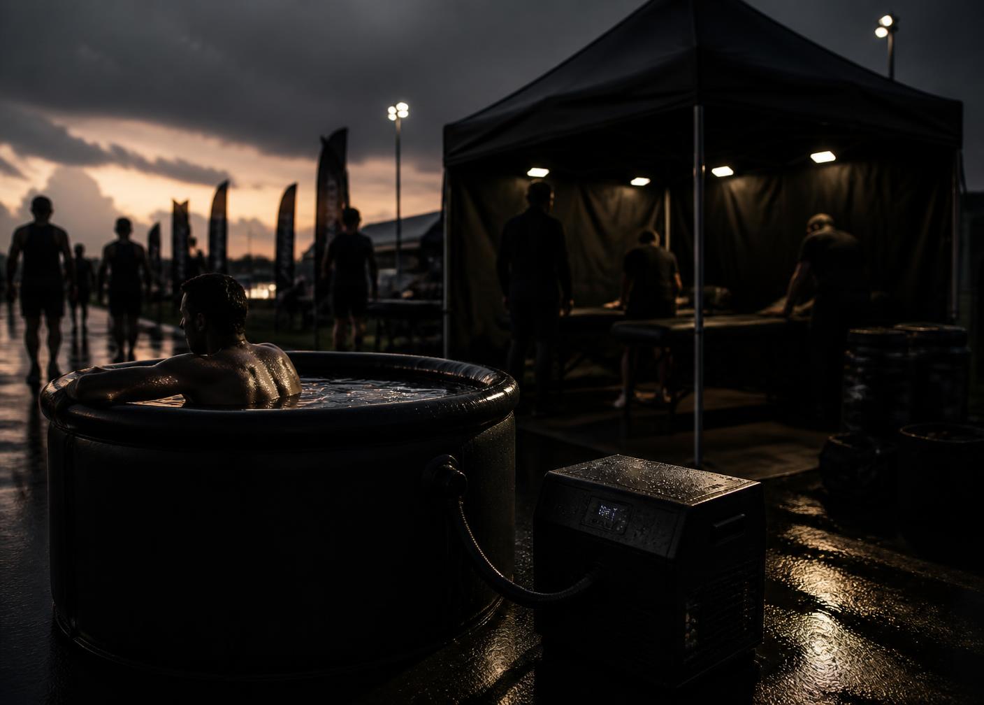 KOVA Go portable ice bath set up at an event recovery zone